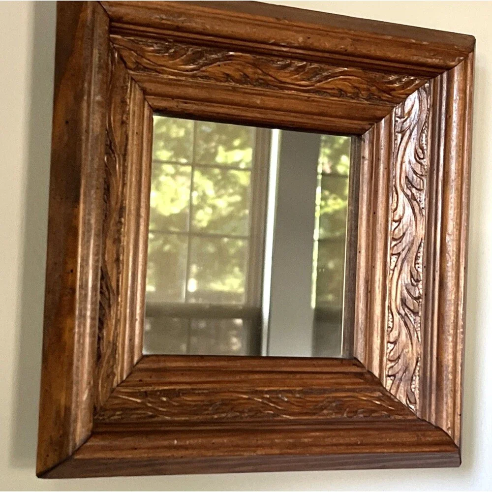 Vintage Rustic Carved Wood Square Accent Mirror Ornate 8.5 x 8.5